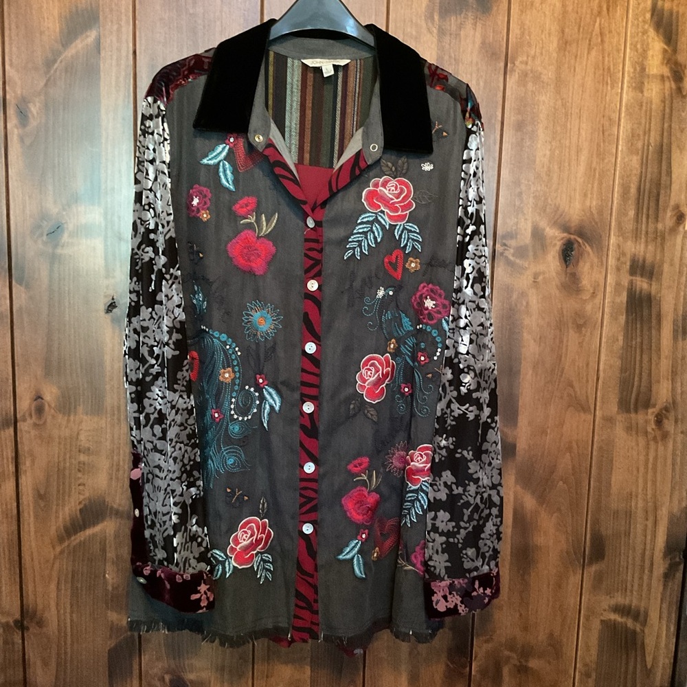 John Mark Black Floral Embroidered Button-Down Top with Red Accents